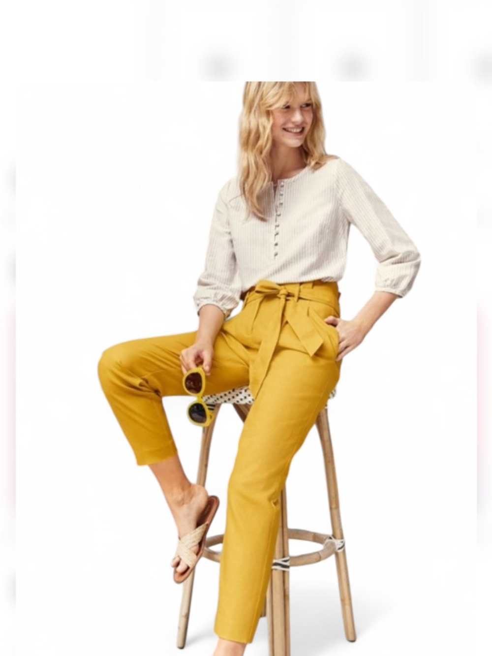 Haver & Blair London sz S High-Rise elastic waist sash tie Pants Mustard Yellow